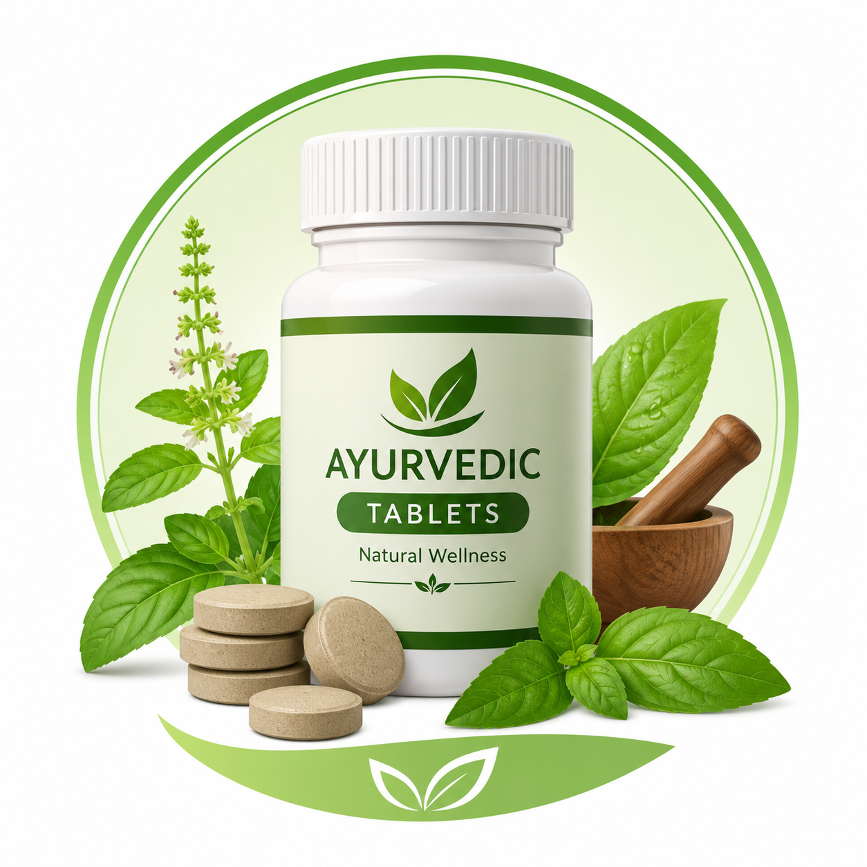 Ayurvedic Tablets with Herbal Leaves Icon